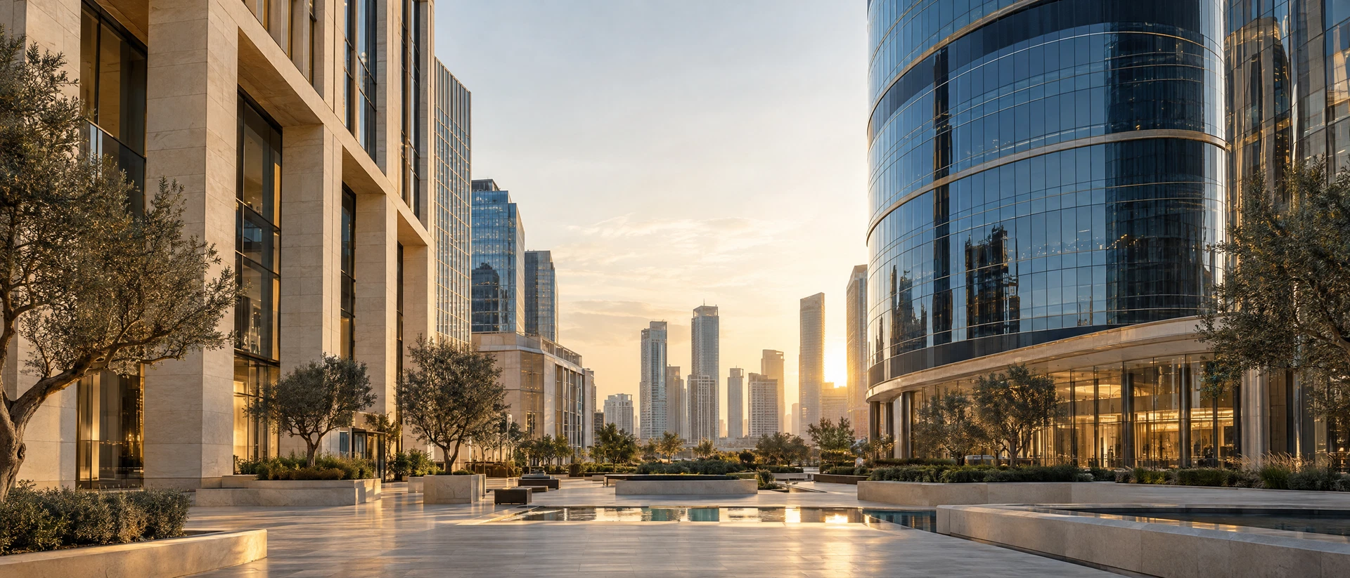 Illustrative contemporary limestone and glass architecture in warm afternoon light