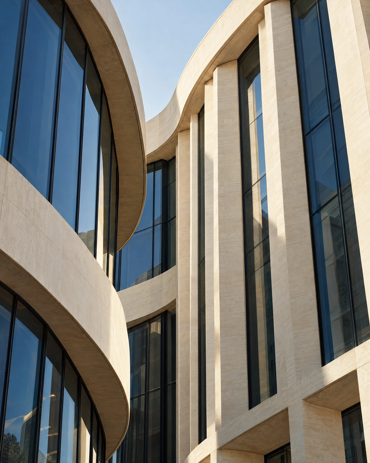 Illustrative sculptural limestone facade and blue glass, seen from below
